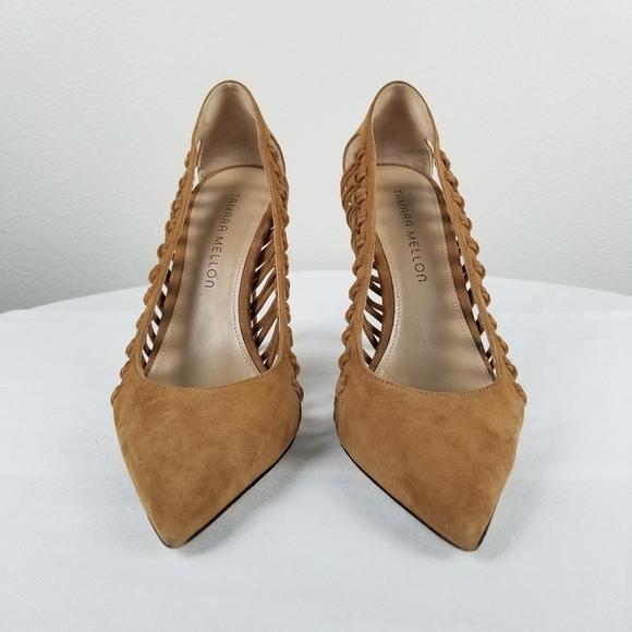 Tamara Mellon Tan Neutral Suede Braided Pointed Toe Pump Heels Size 8 - Picture 3 of 12